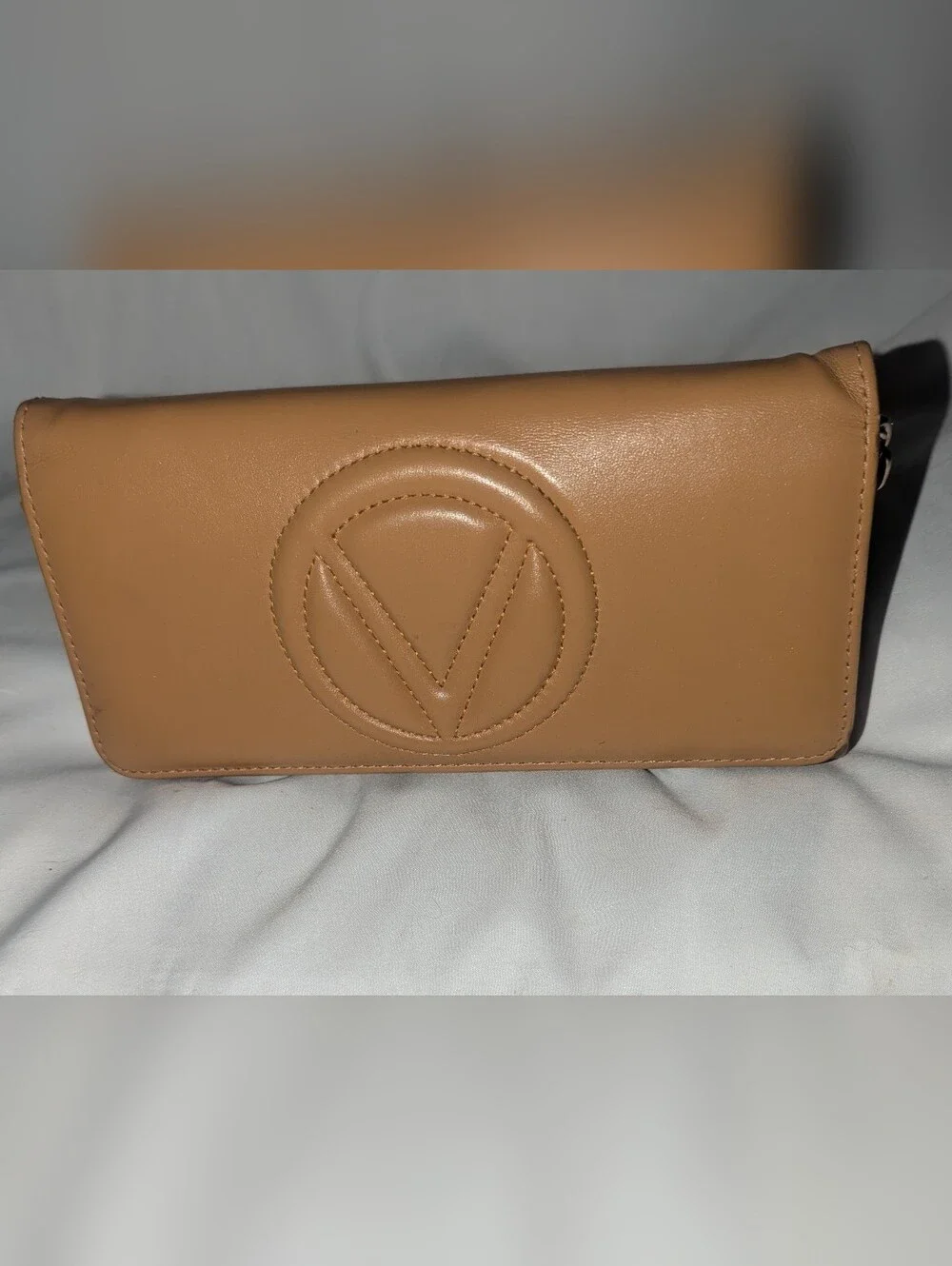 Mario Valentino Tan Leather Flap Wallet with Embossed Circular V Logo Gold Chain